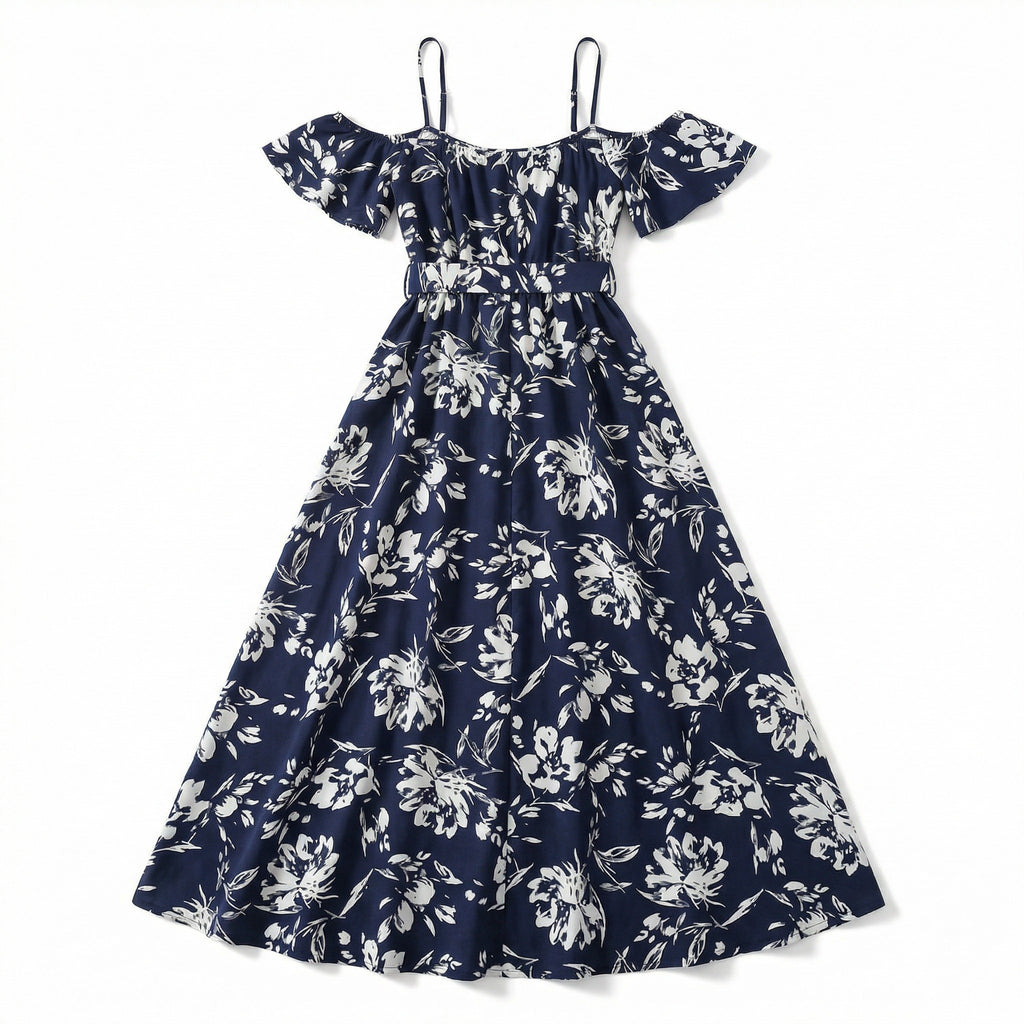 Women’s Floral Print Maxi Dress – Cold Shoulder Belted Style