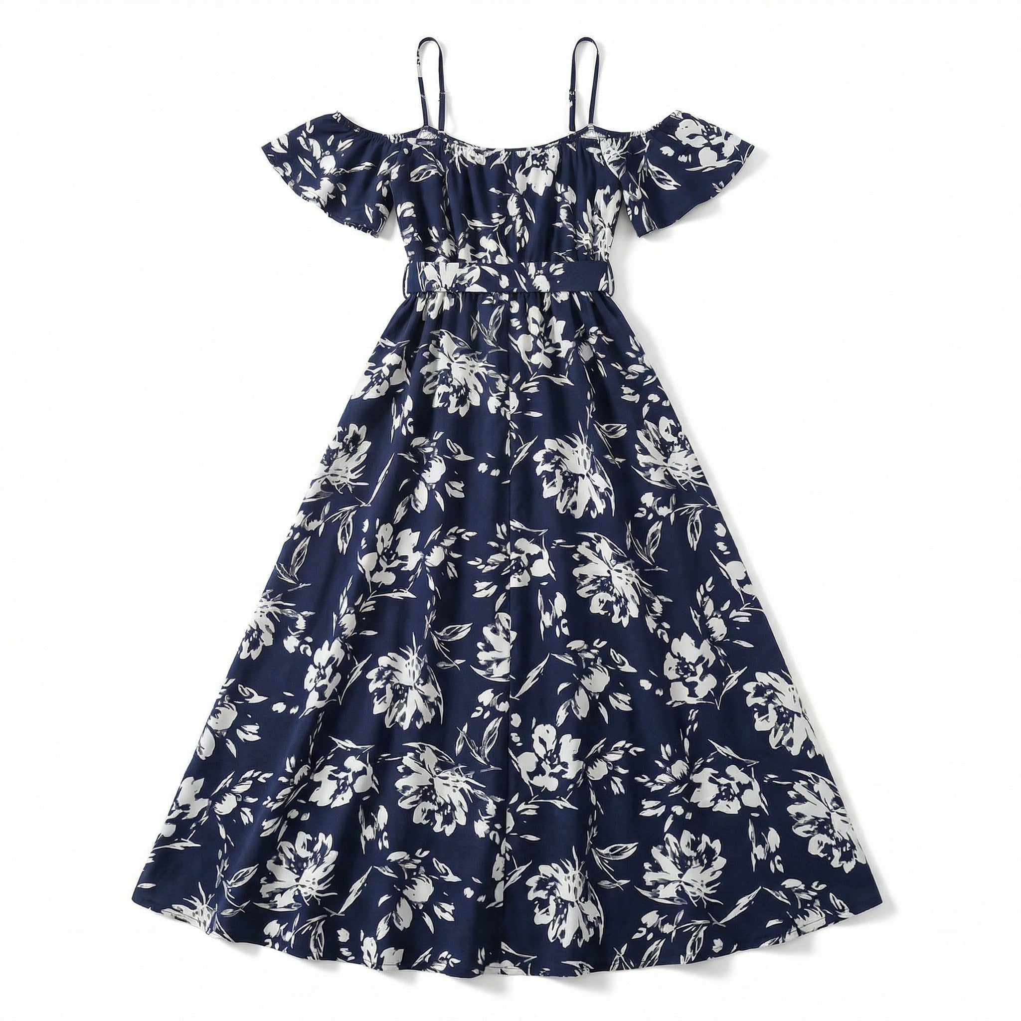 Women’s Floral Print Maxi Dress – Cold Shoulder Belted Style