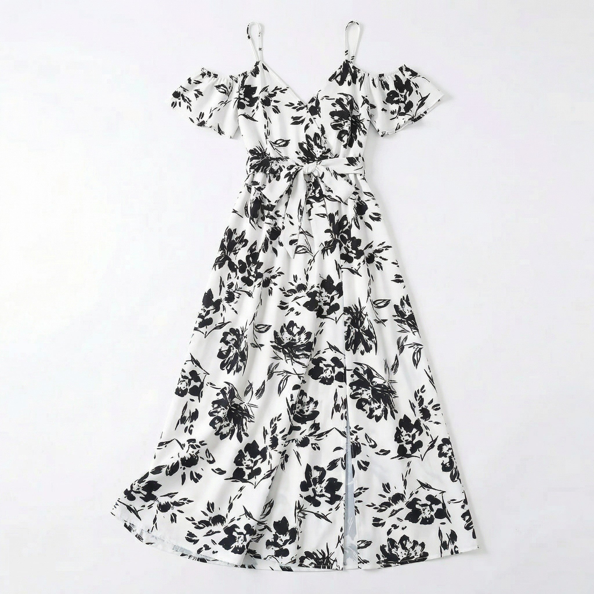 Women’s Floral Print Maxi Dress – Cold Shoulder Belted Style