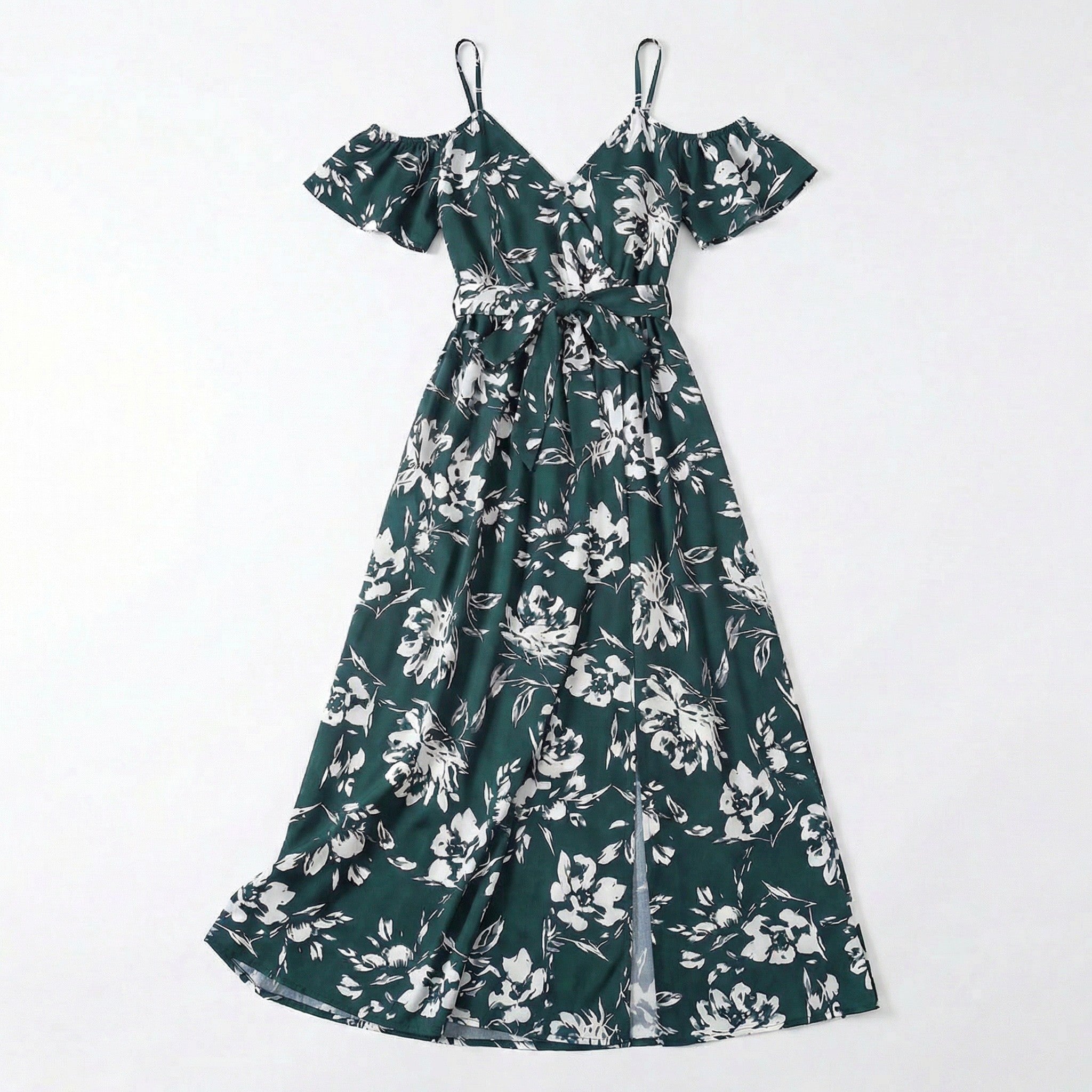 Women’s Floral Print Maxi Dress – Cold Shoulder Belted Style