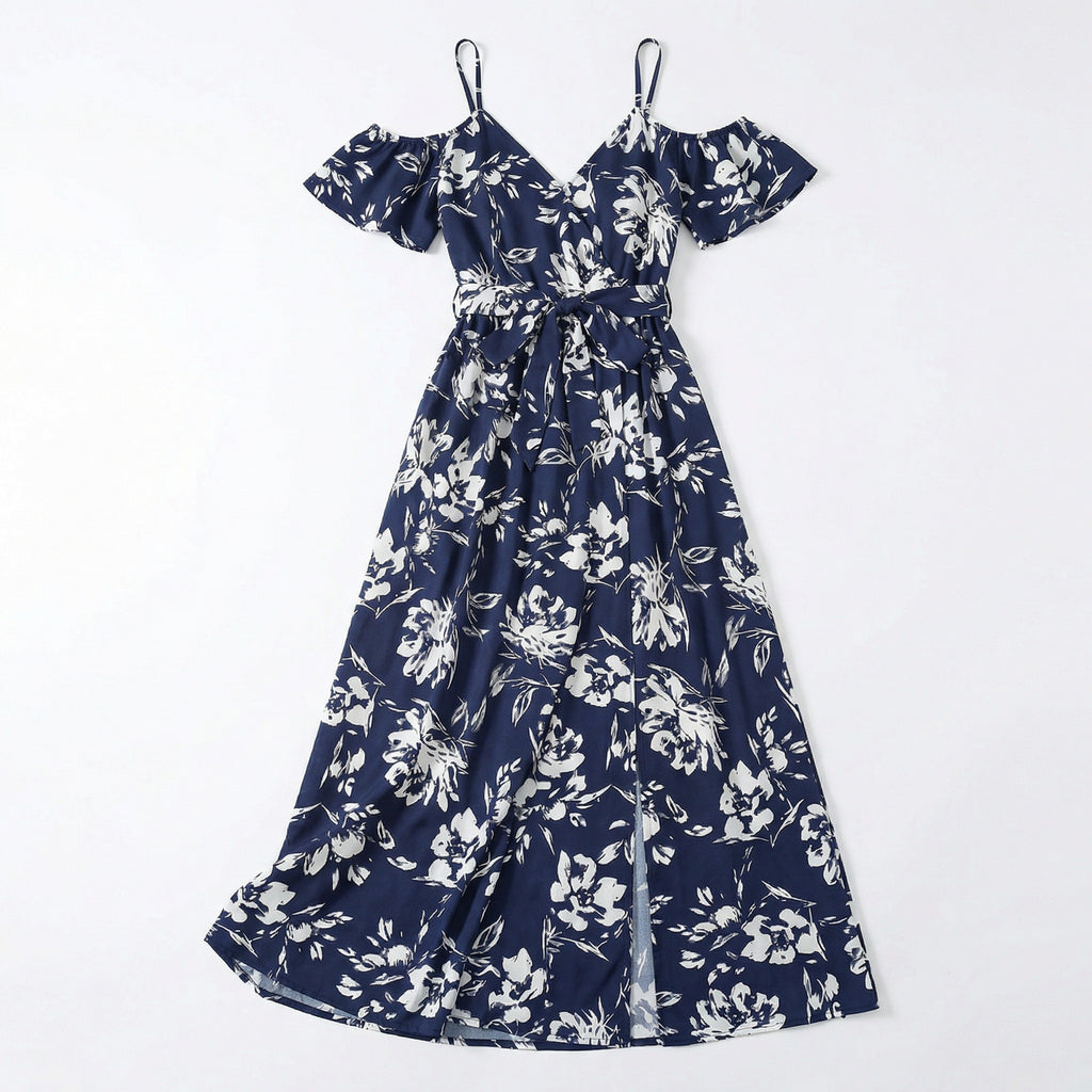 Women’s Floral Print Maxi Dress – Cold Shoulder Belted Style