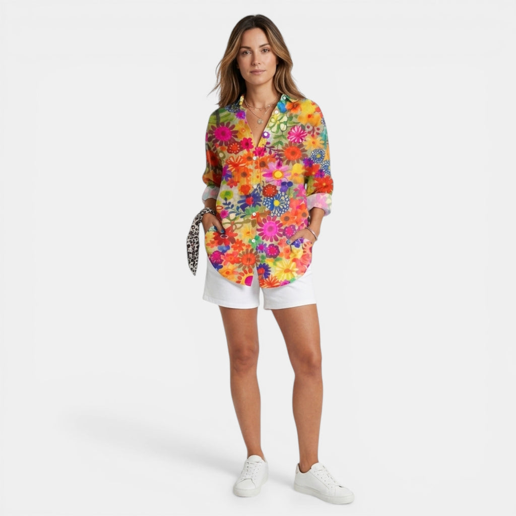 Women’s Floral Print Shirt – Lapel Collar Long Sleeve Blouse
