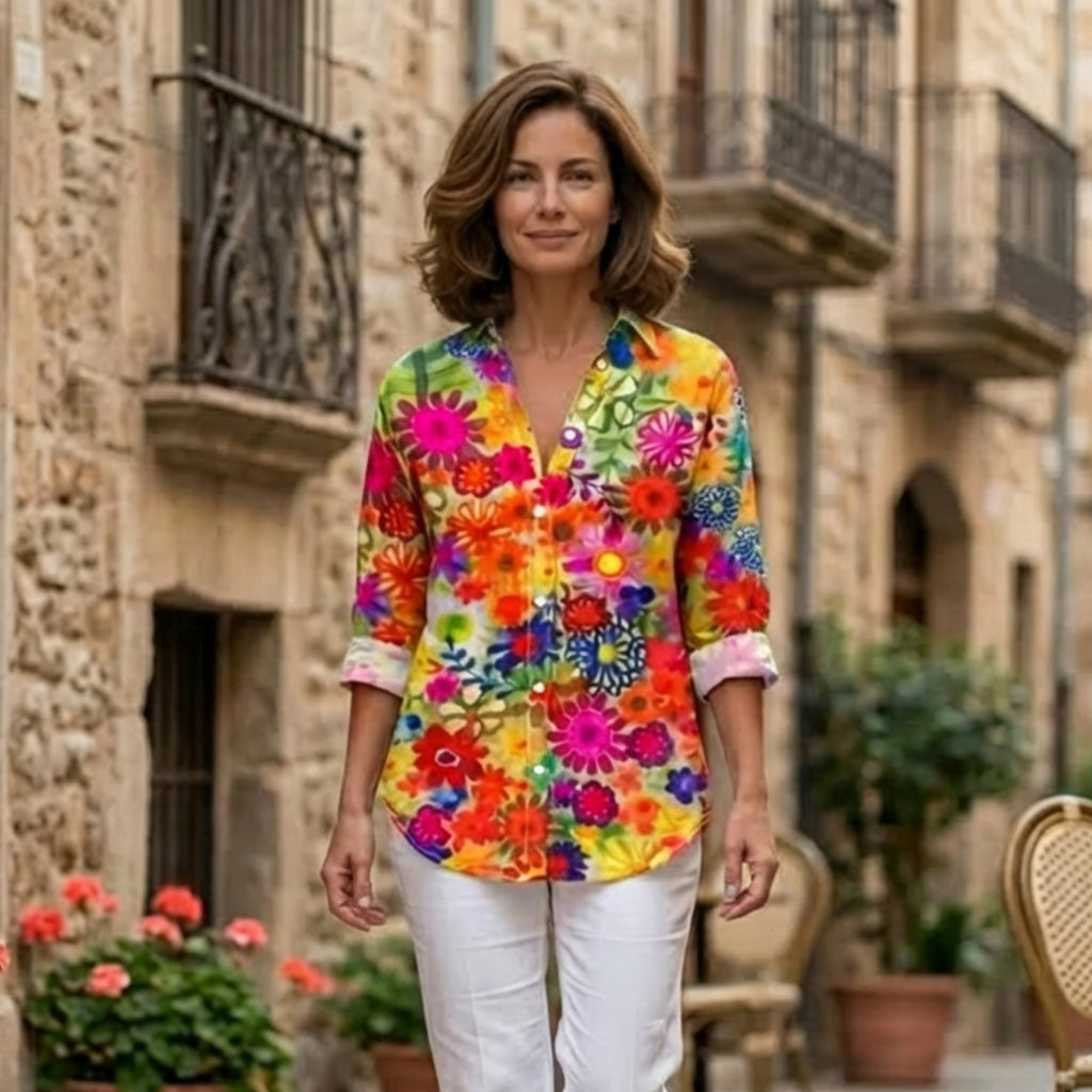 Women’s Floral Print Shirt – Lapel Collar Long Sleeve Blouse