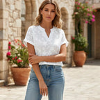 Women’s Floral V-Neck Shirt – Batwing Sleeve Button Detail