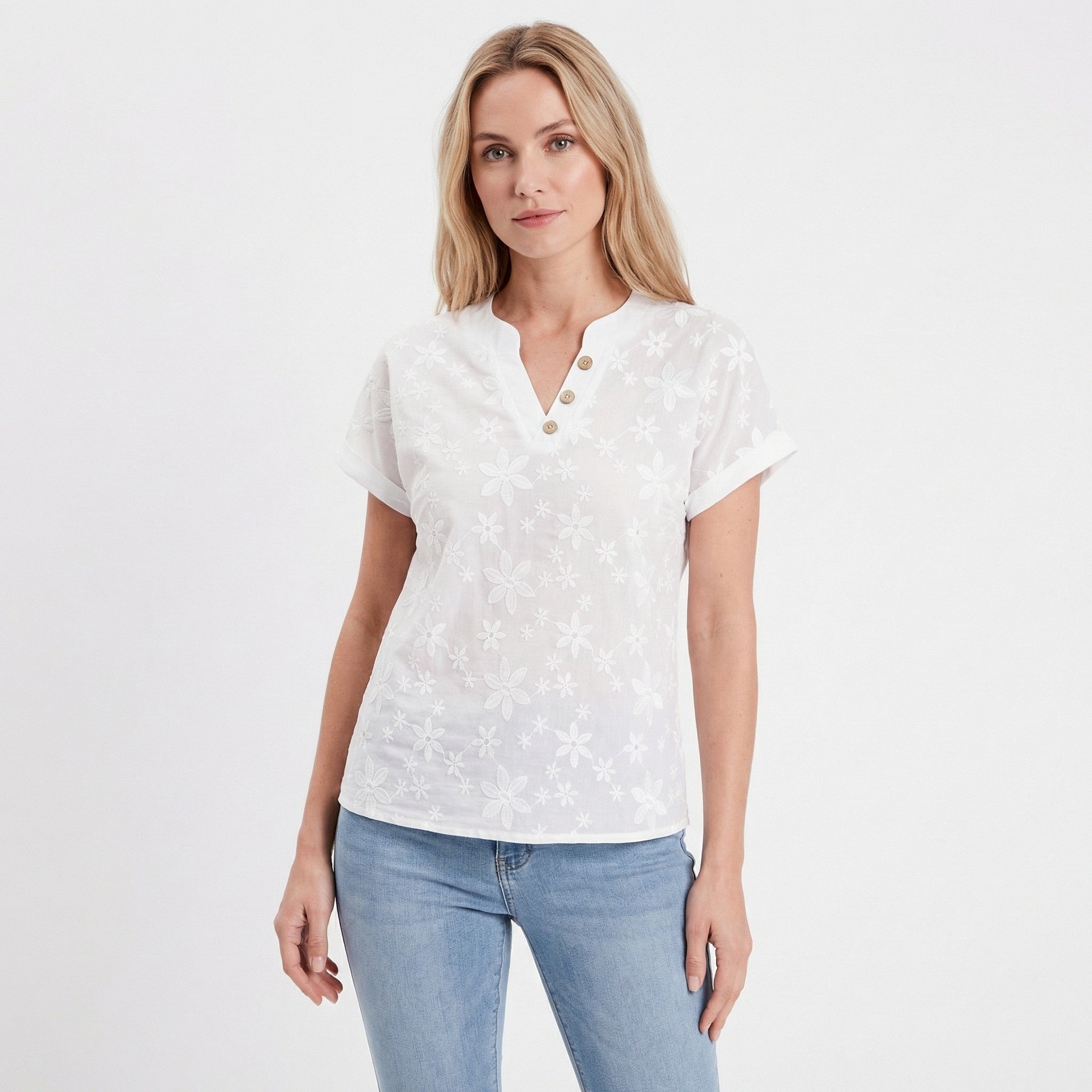 Women’s Floral V-Neck Shirt – Batwing Sleeve Button Detail
