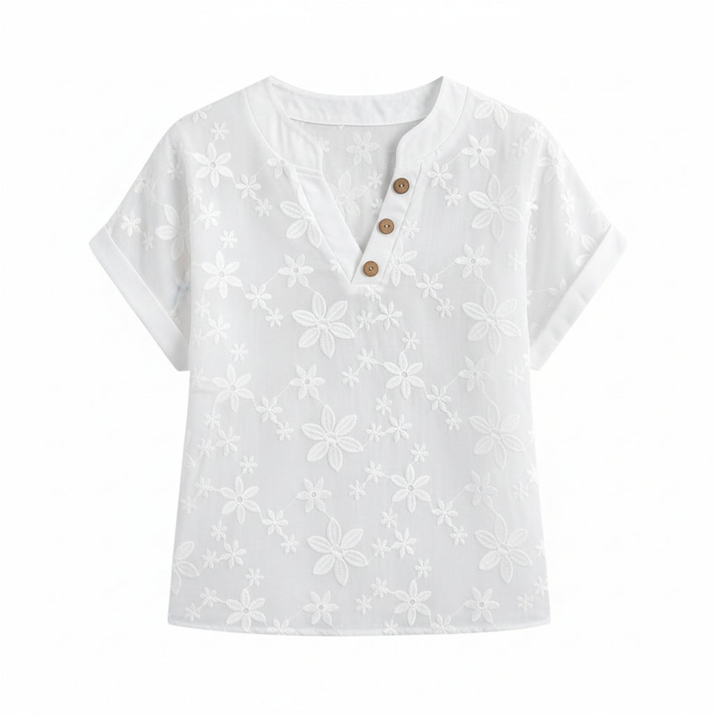 Women’s Floral V-Neck Shirt – Batwing Sleeve Button Detail