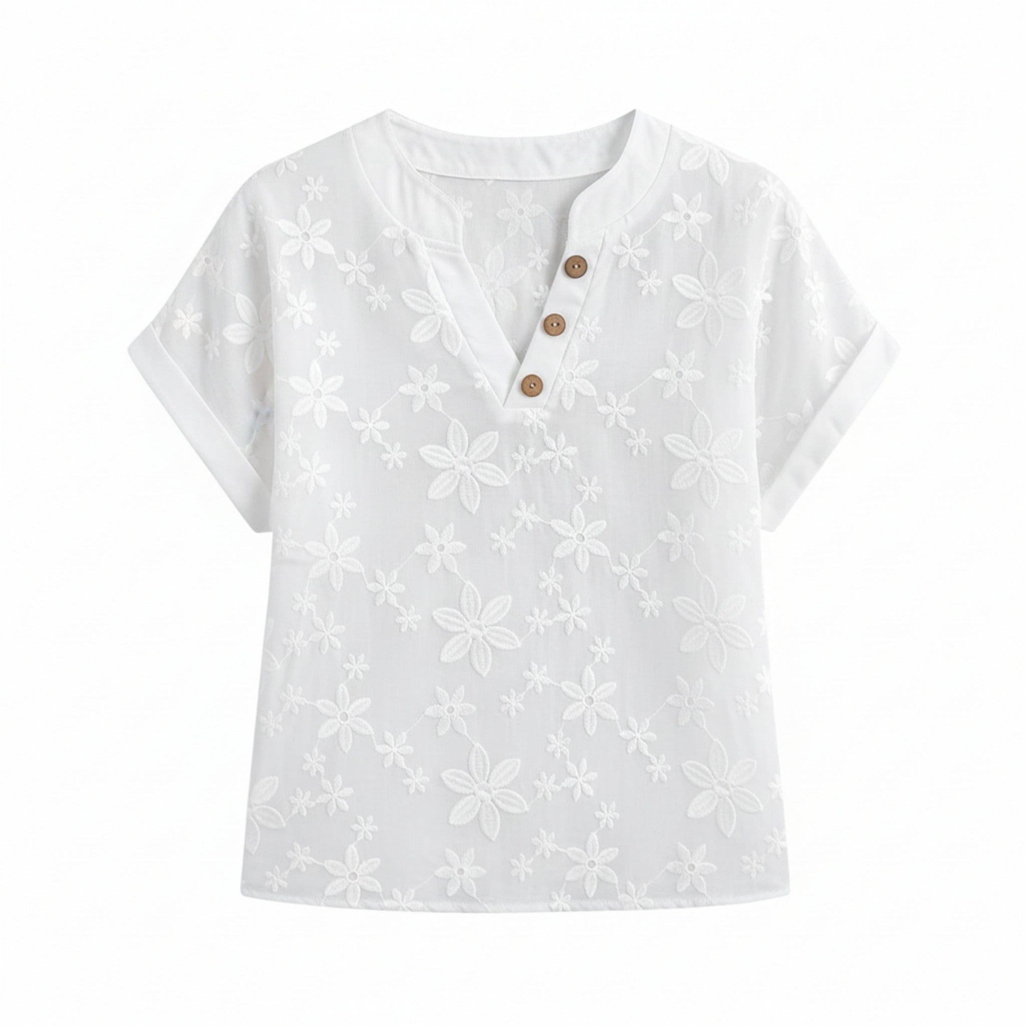 Women’s Floral V-Neck Shirt – Batwing Sleeve Button Detail