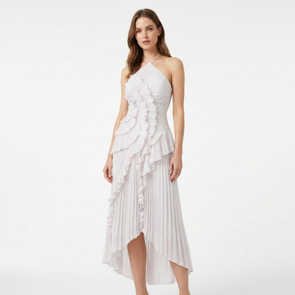 Women’s Halter Maxi Dress – Ruffle Pleated Asymmetric