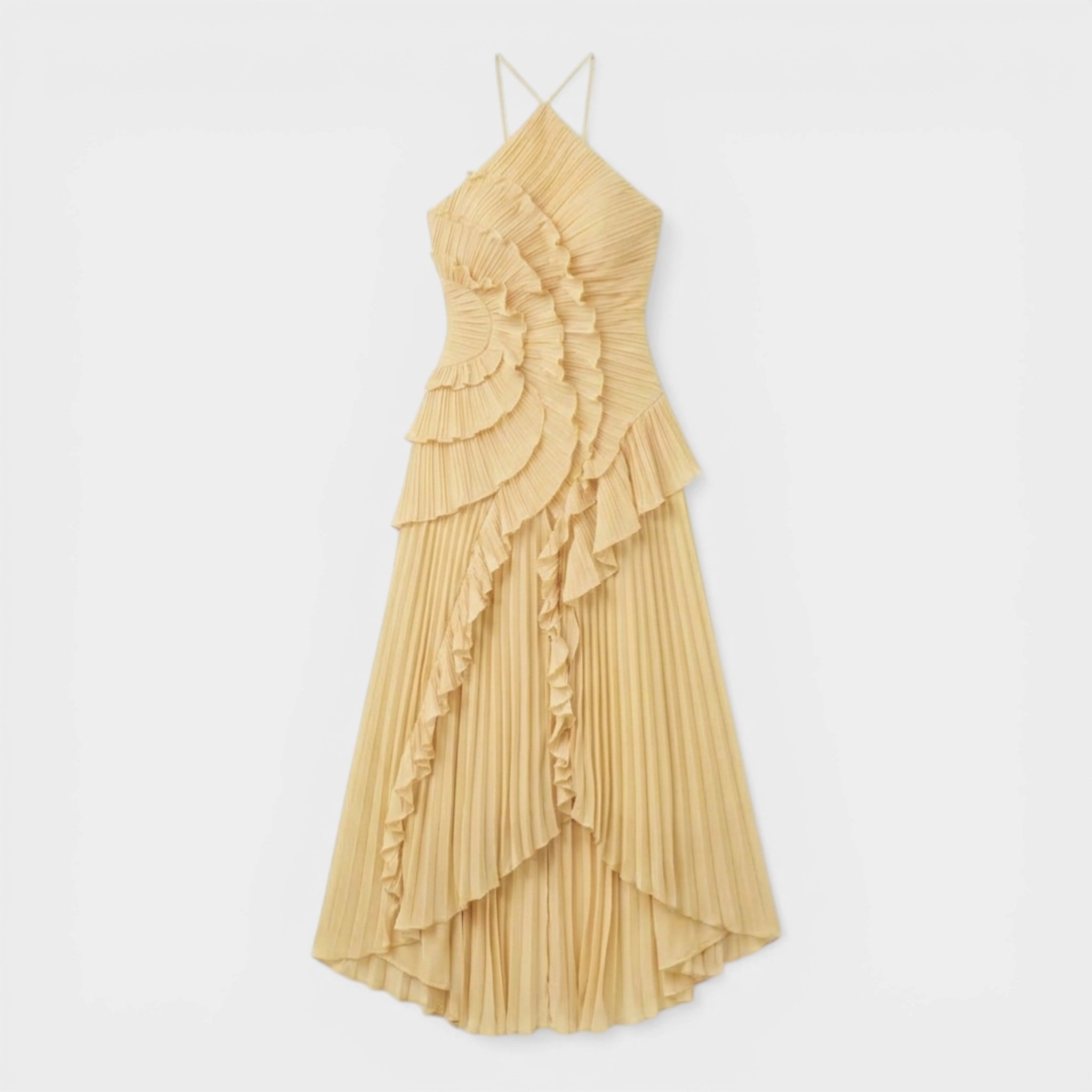 Women’s Halter Maxi Dress – Ruffle Pleated Asymmetric