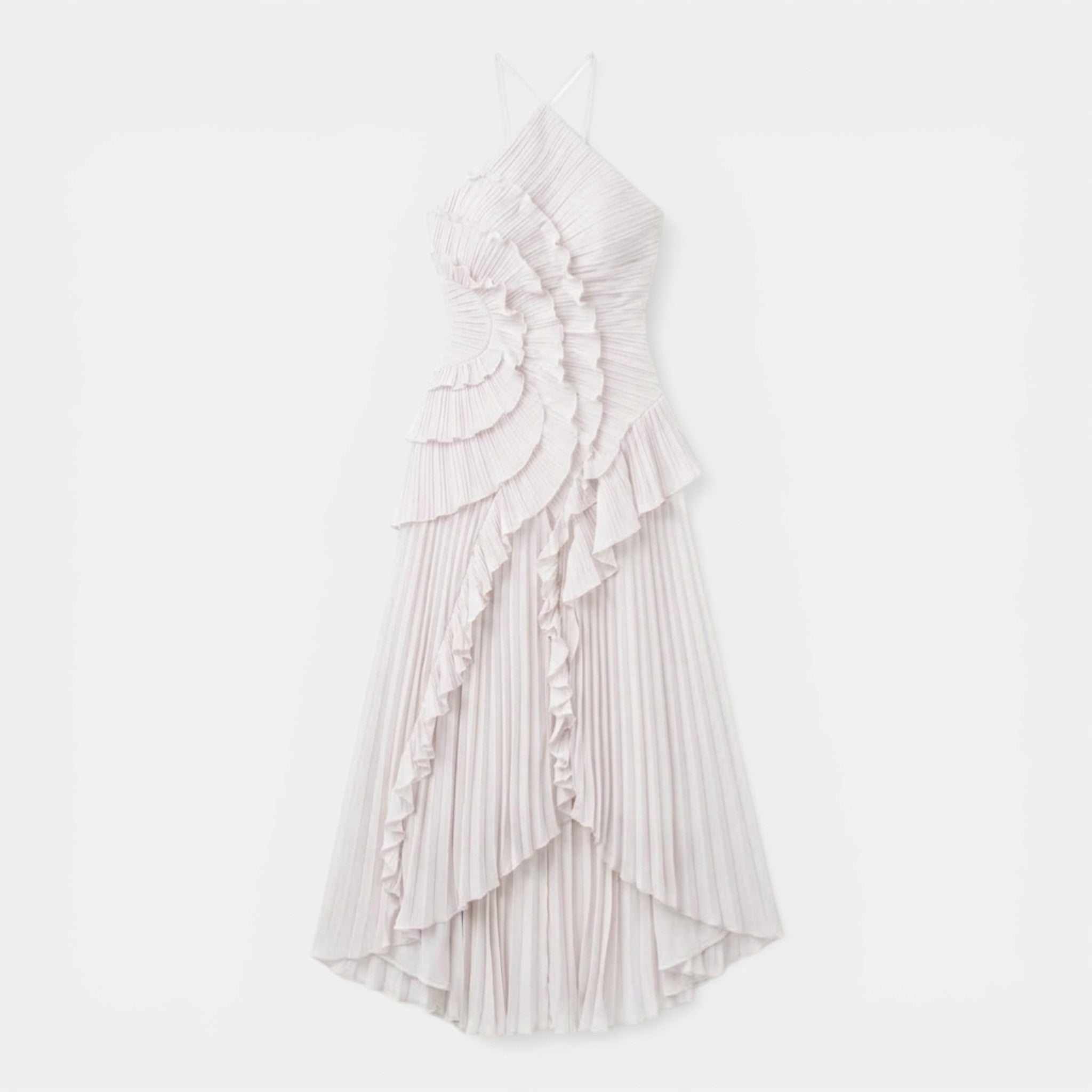 Women’s Halter Maxi Dress – Ruffle Pleated Asymmetric