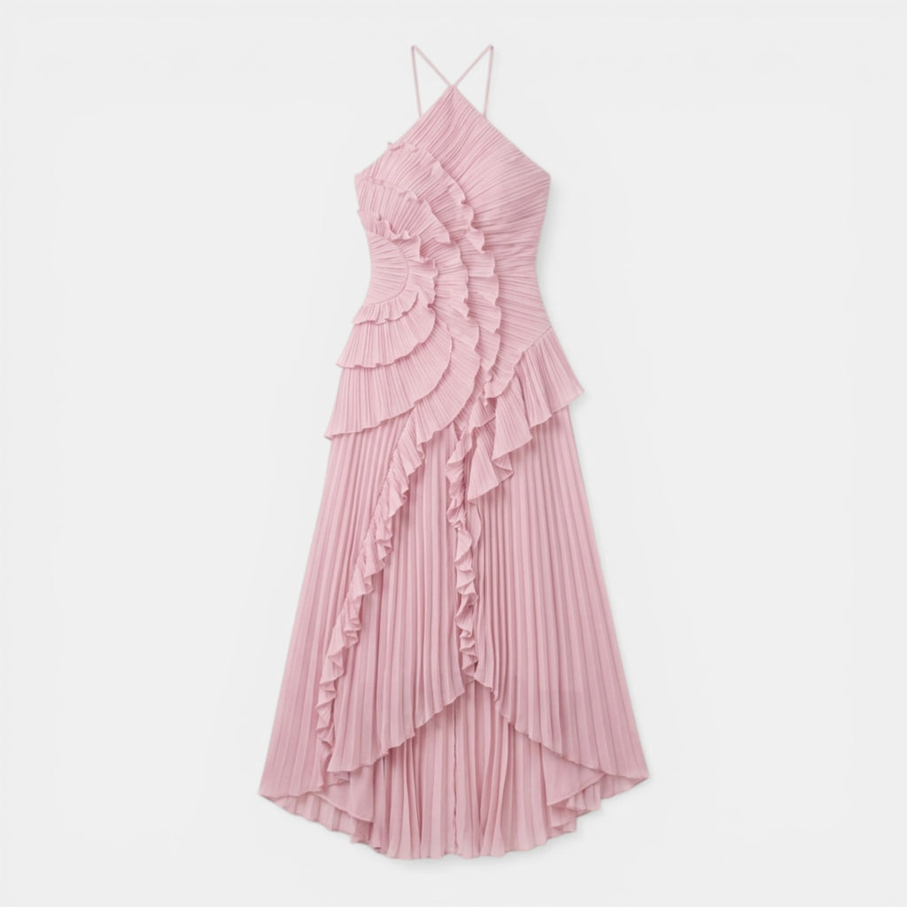 Women’s Halter Maxi Dress – Ruffle Pleated Asymmetric
