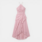 Women’s Halter Maxi Dress – Ruffle Pleated Asymmetric