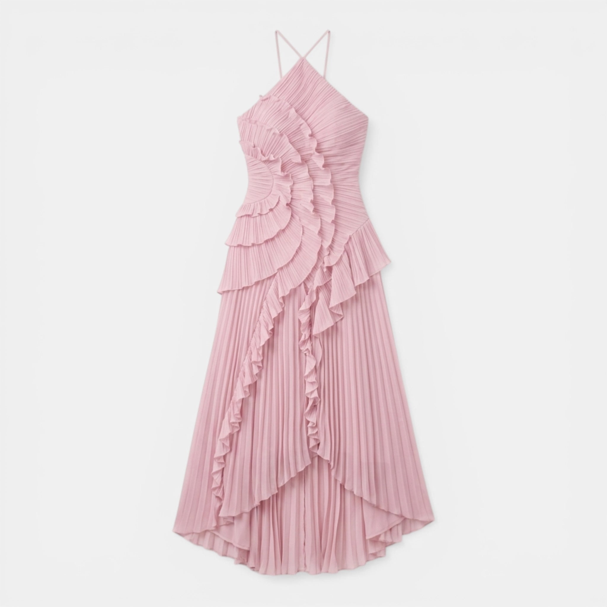 Women’s Halter Maxi Dress – Ruffle Pleated Asymmetric