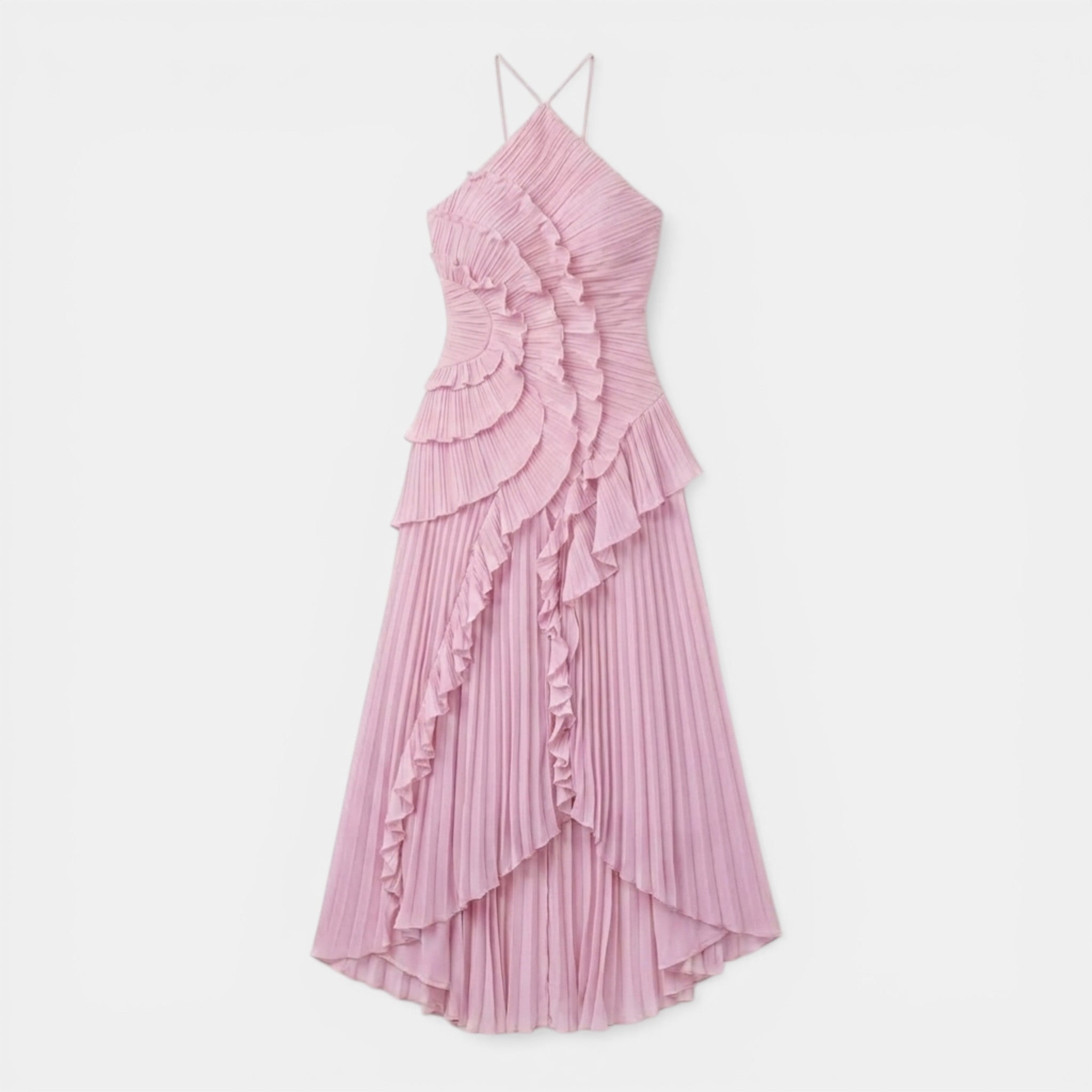 Women’s Halter Maxi Dress – Ruffle Pleated Asymmetric