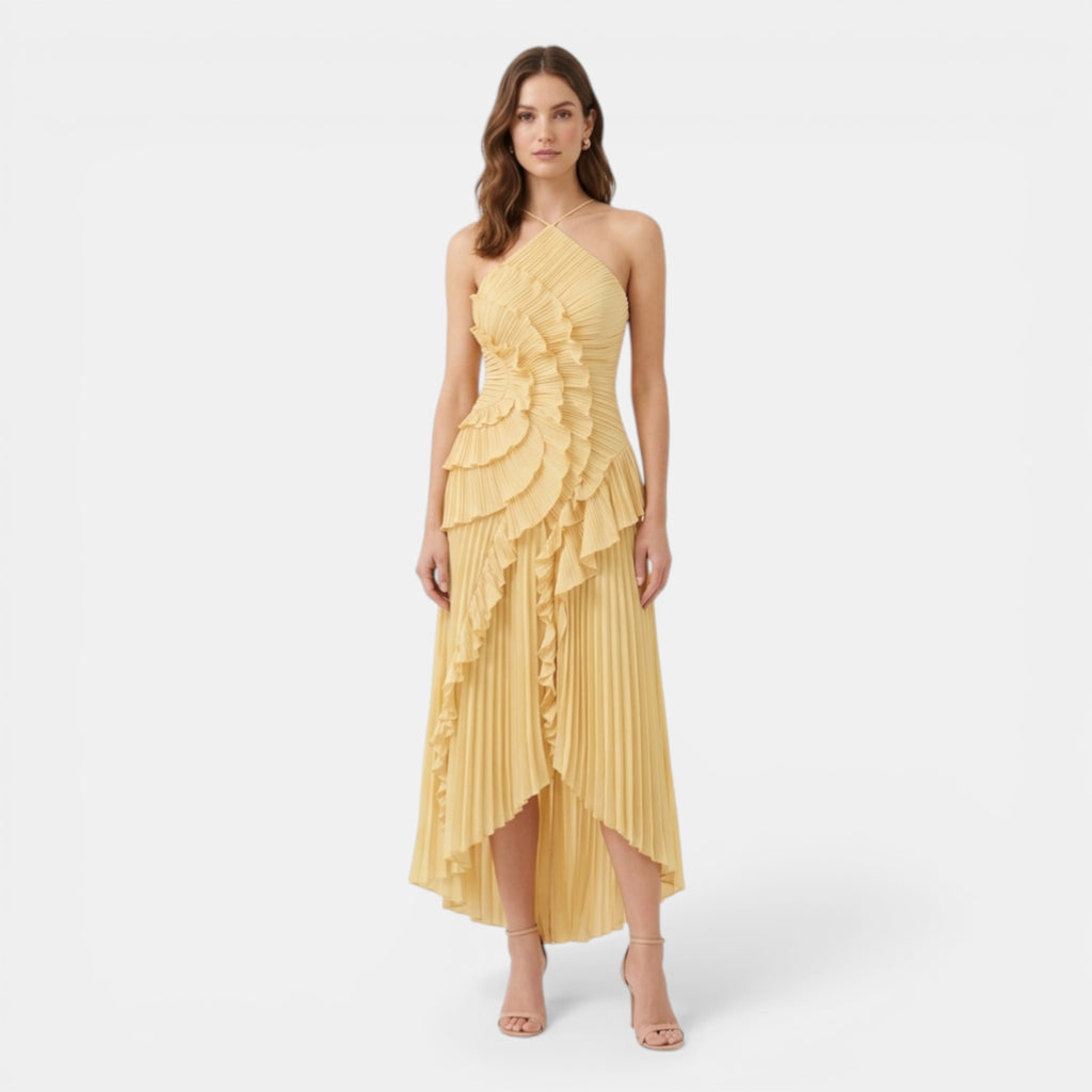 Women’s Halter Maxi Dress – Ruffle Pleated Asymmetric
