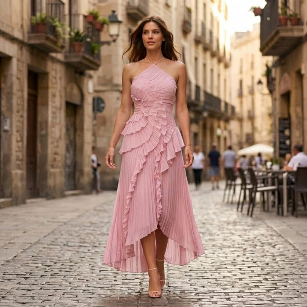Women’s Halter Maxi Dress – Ruffle Pleated Asymmetric