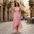 Women’s Halter Maxi Dress – Ruffle Pleated Asymmetric