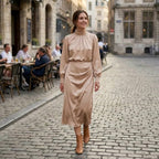 Women’s High Neck Midi Dress – Long Sleeve Elastic Waist