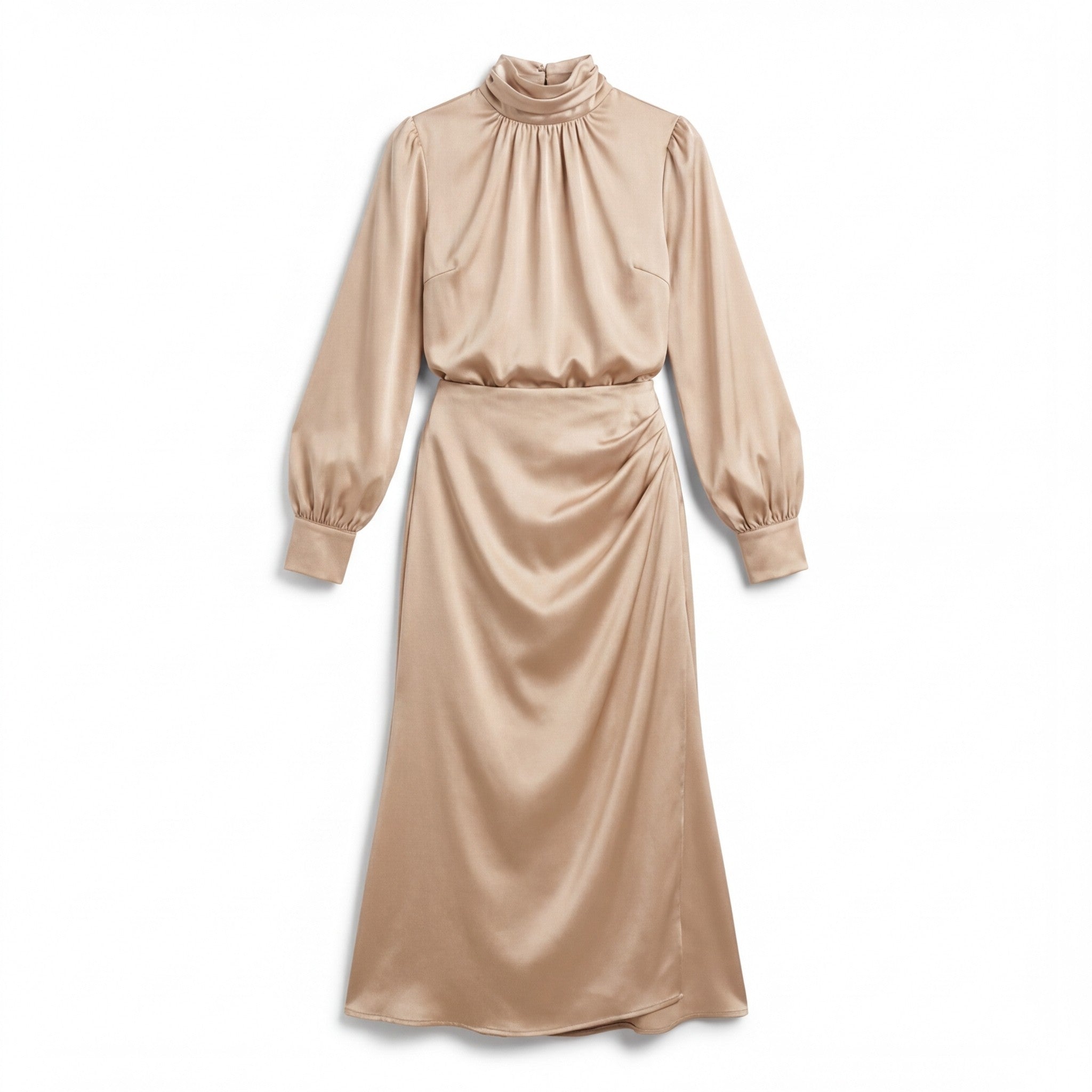 Women’s High Neck Midi Dress – Long Sleeve Elastic Waist