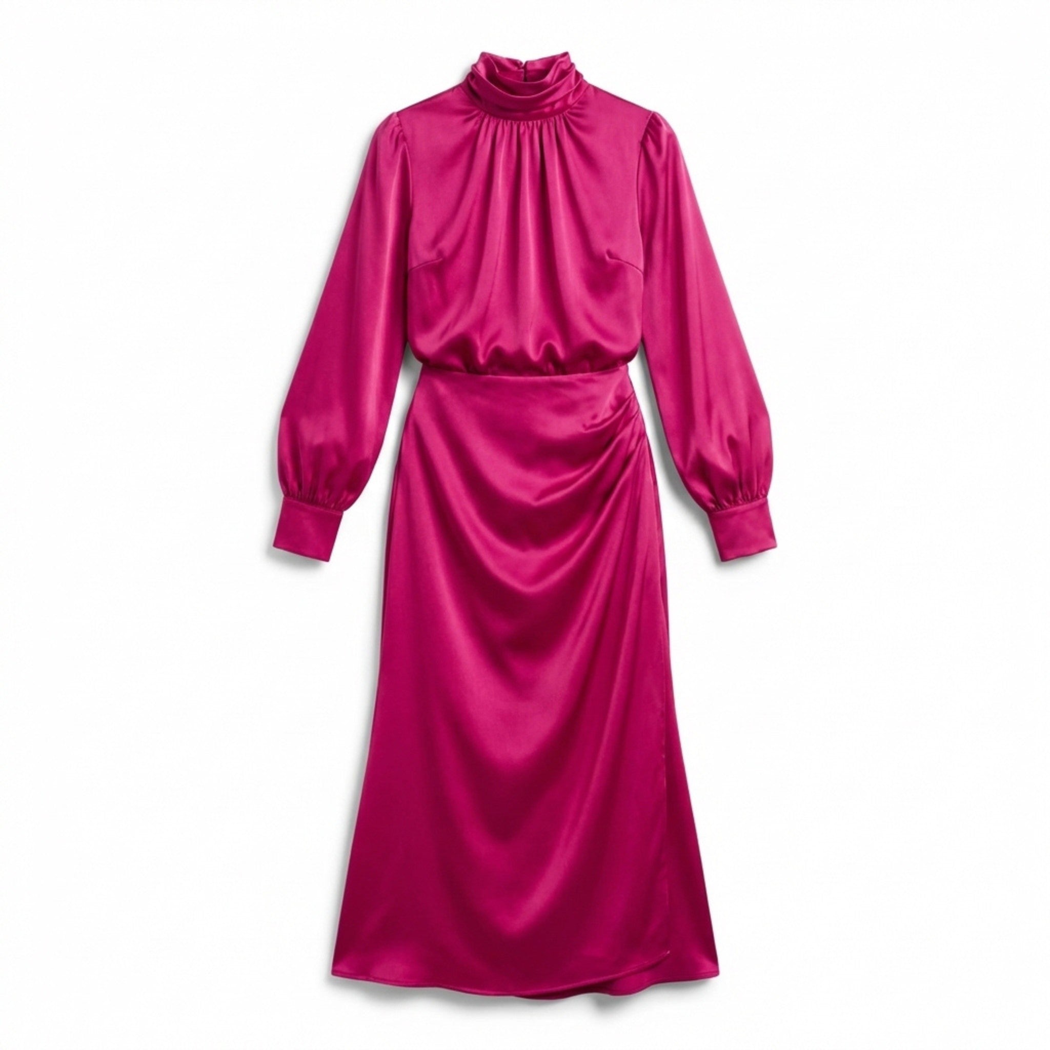 Women’s High Neck Midi Dress – Long Sleeve Elastic Waist