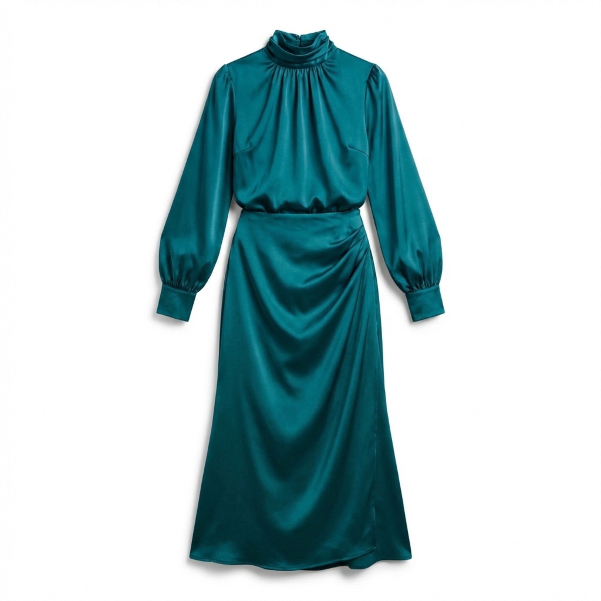 Women’s High Neck Midi Dress – Long Sleeve Elastic Waist