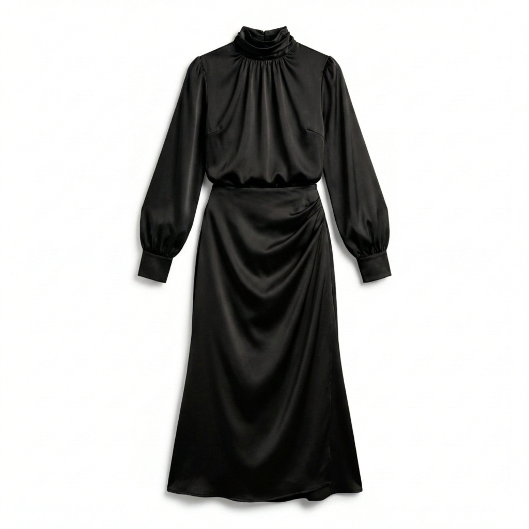 Women’s High Neck Midi Dress – Long Sleeve Elastic Waist
