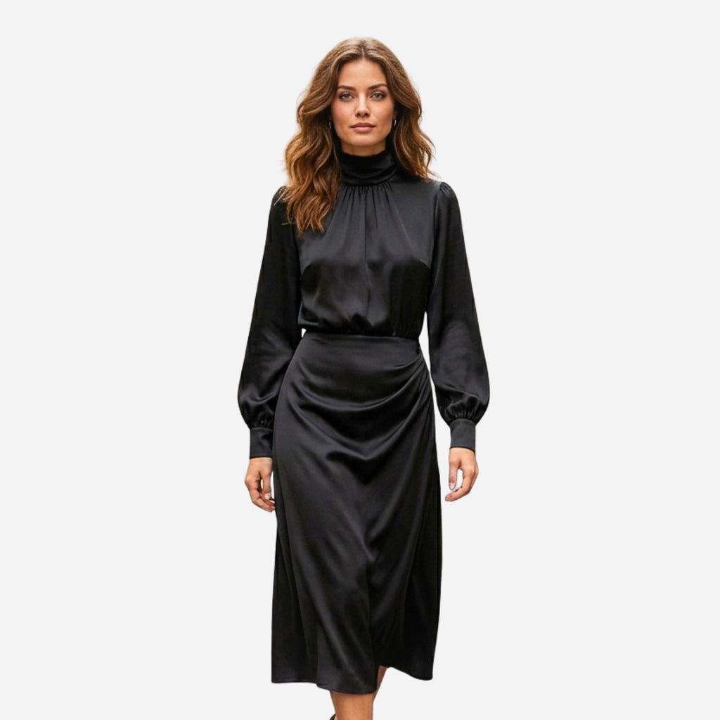 Women’s High Neck Midi Dress – Long Sleeve Elastic Waist