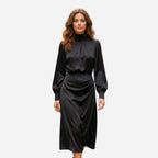 Women’s High Neck Midi Dress – Long Sleeve Elastic Waist