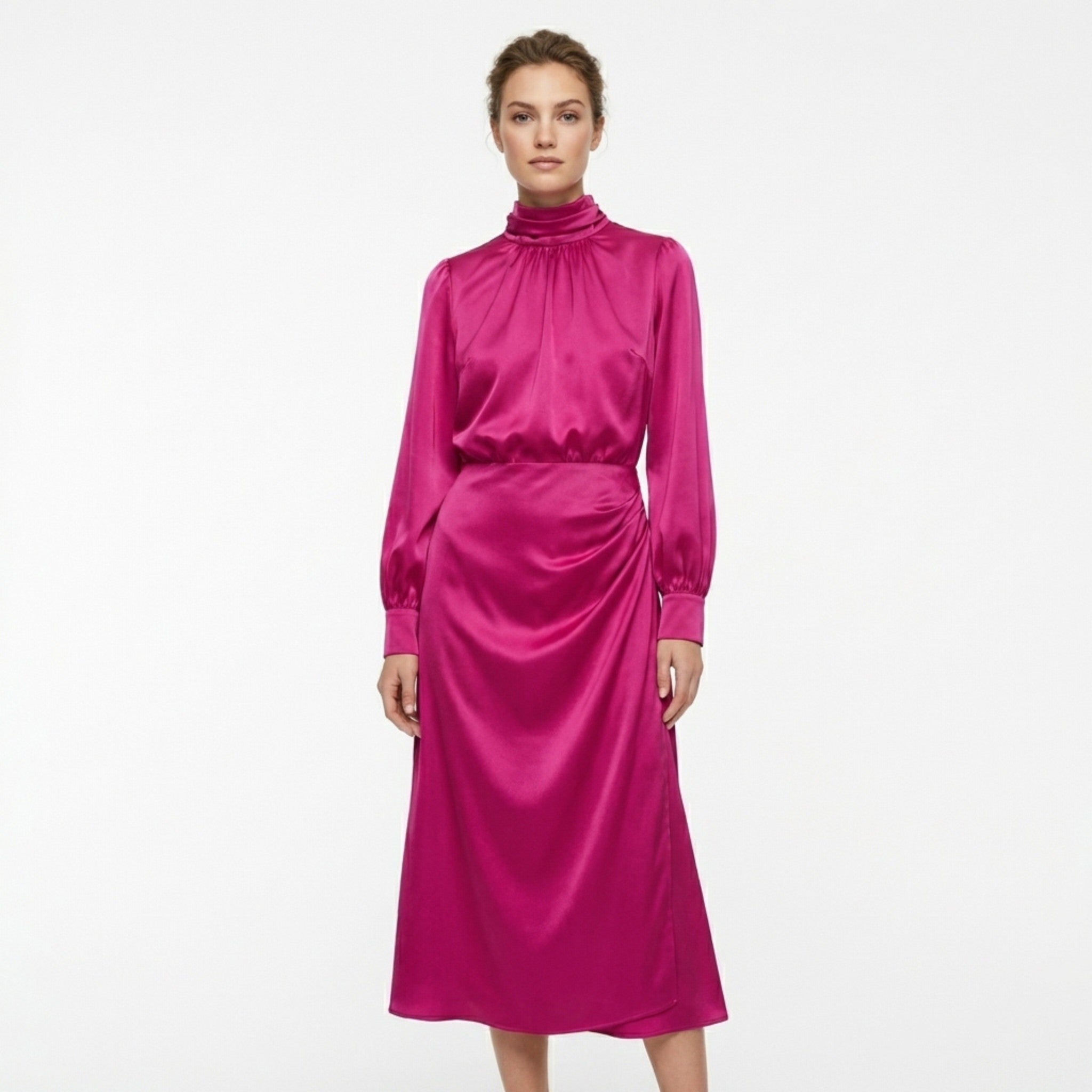 Women’s High Neck Midi Dress – Long Sleeve Elastic Waist