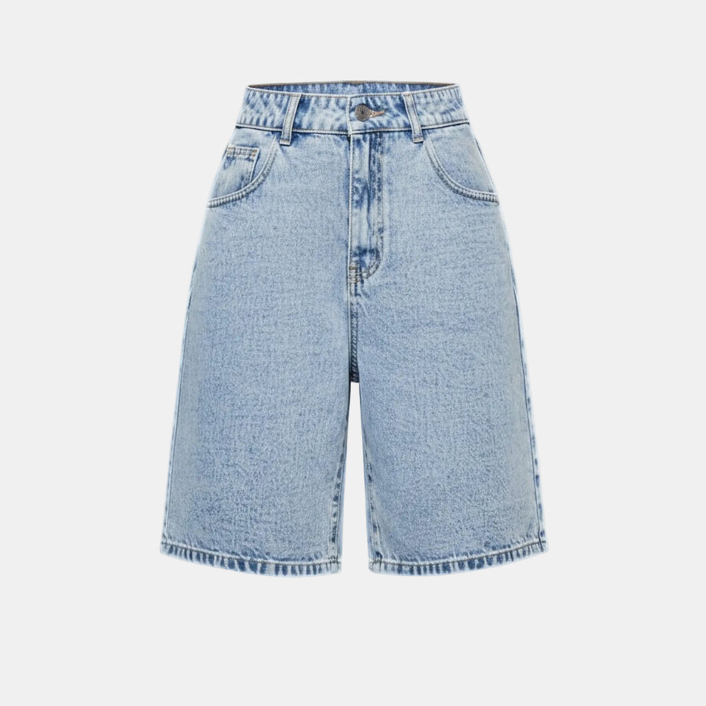 Women’s High Waist Denim Shorts – Bermuda Length Washed Design