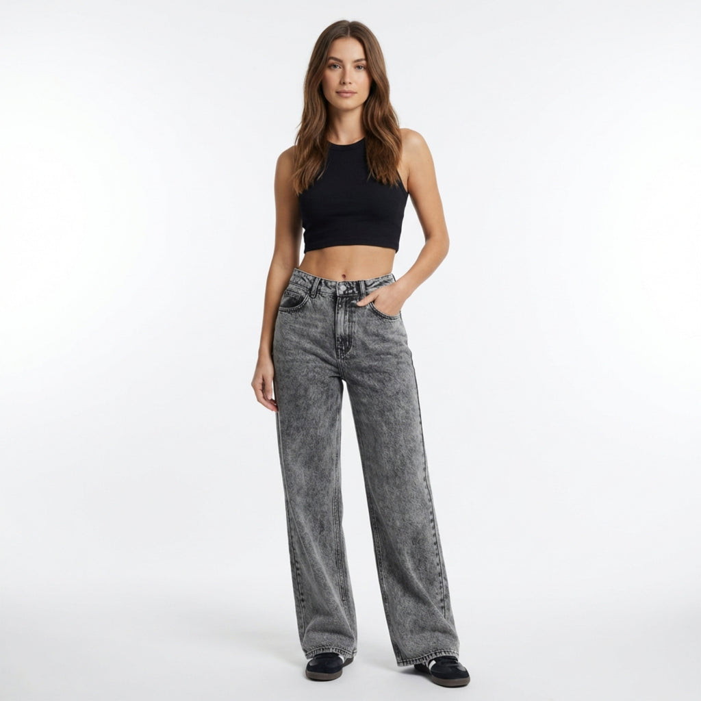 Women’s High Waist Wide-Leg Jeans – Acid Wash Denim Design