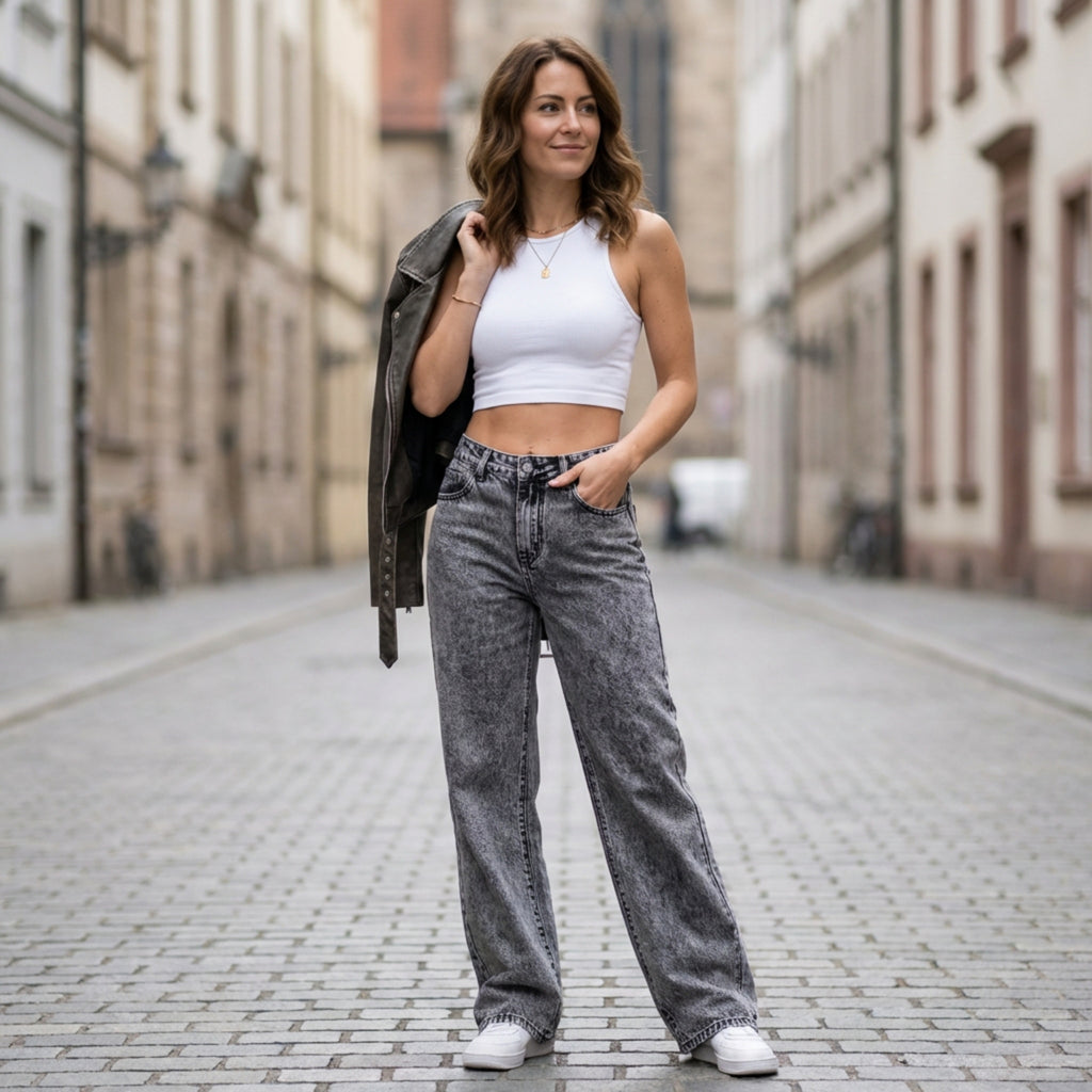 Women’s High Waist Wide-Leg Jeans – Acid Wash Denim Design