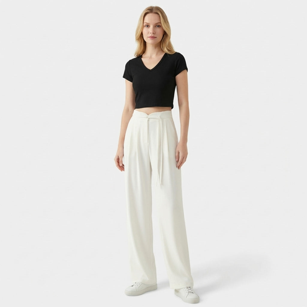 Women’s High-Waisted Straight Leg Pants – Faux Drawstring Detail