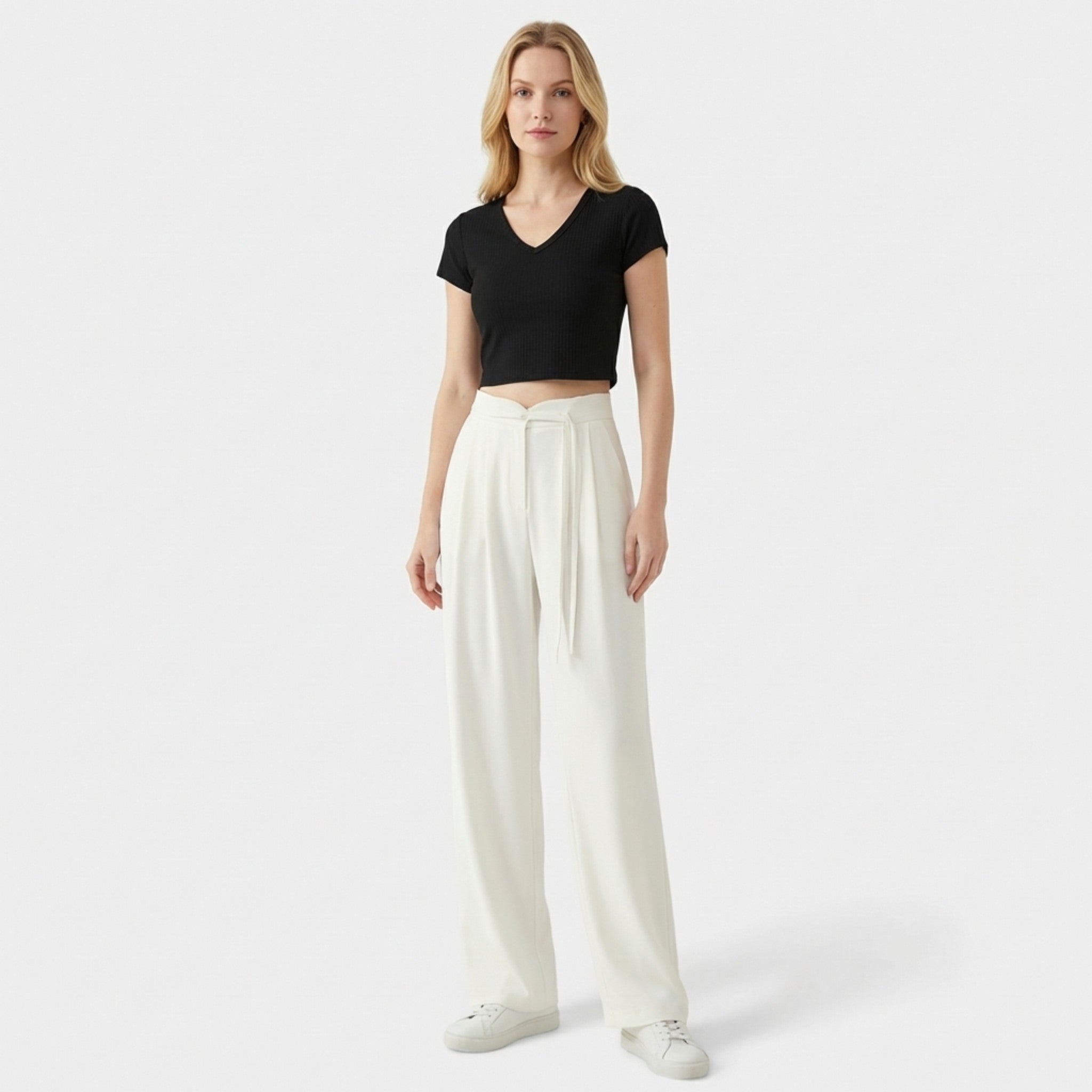 Women’s High-Waisted Straight Leg Pants – Faux Drawstring Detail