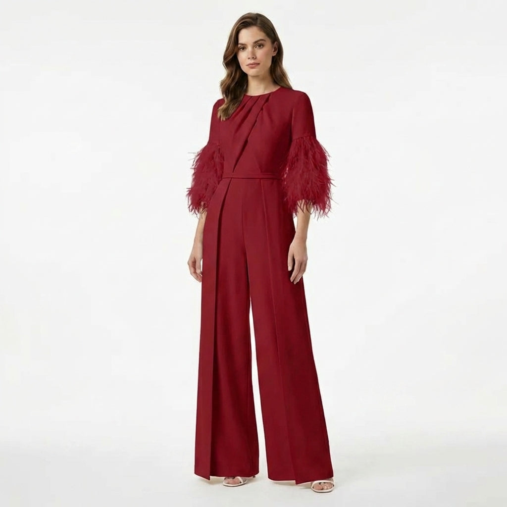 Women’s Jewel Neck Jumpsuit – Straight Leg Feather Sleeve