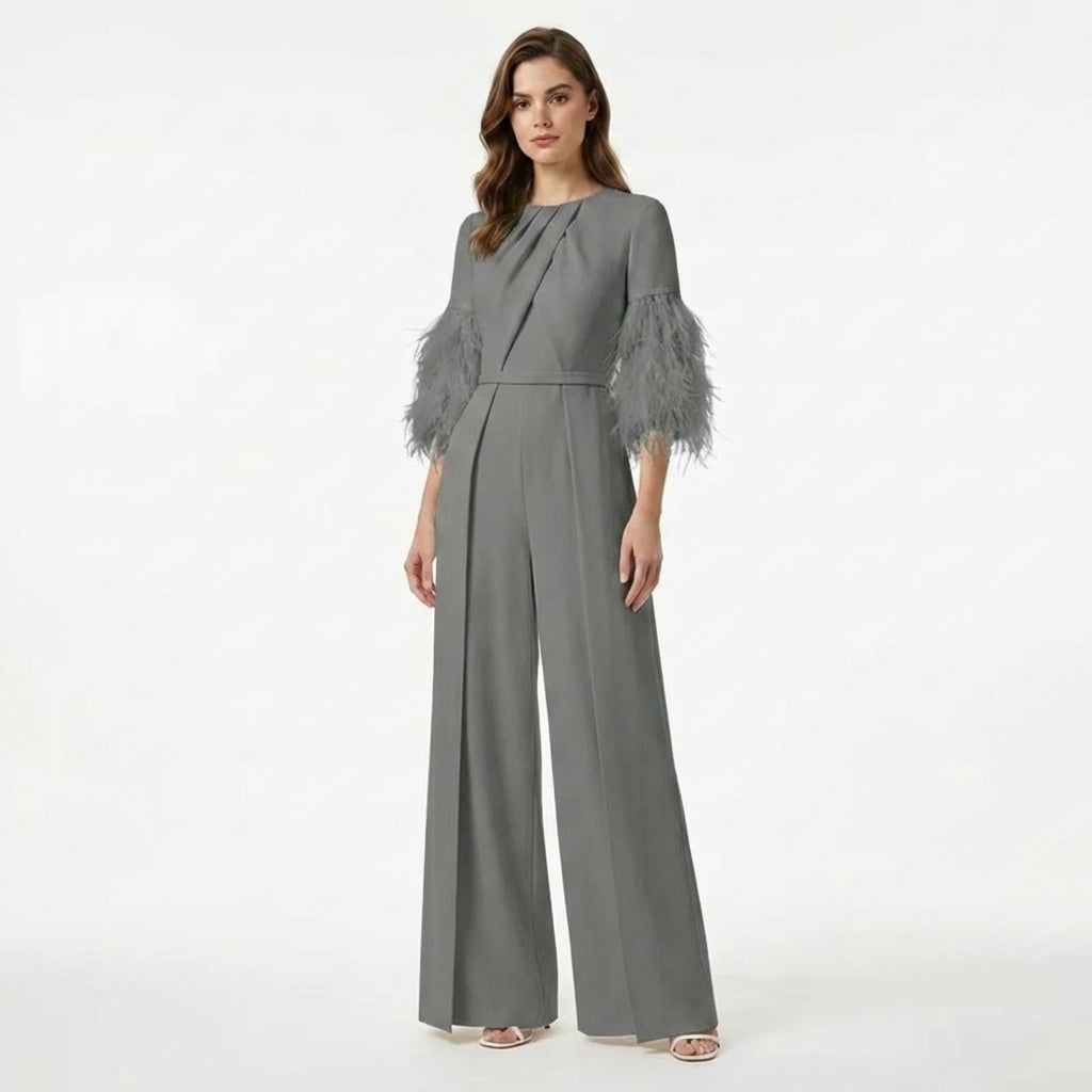 Women’s Jewel Neck Jumpsuit – Straight Leg Feather Sleeve
