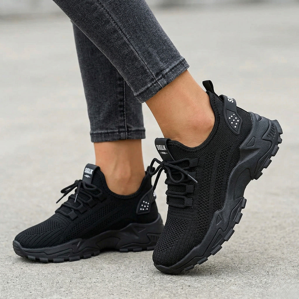 Women’s Knit Lace-Up Sneakers – Low Top Chunky Sole Style
