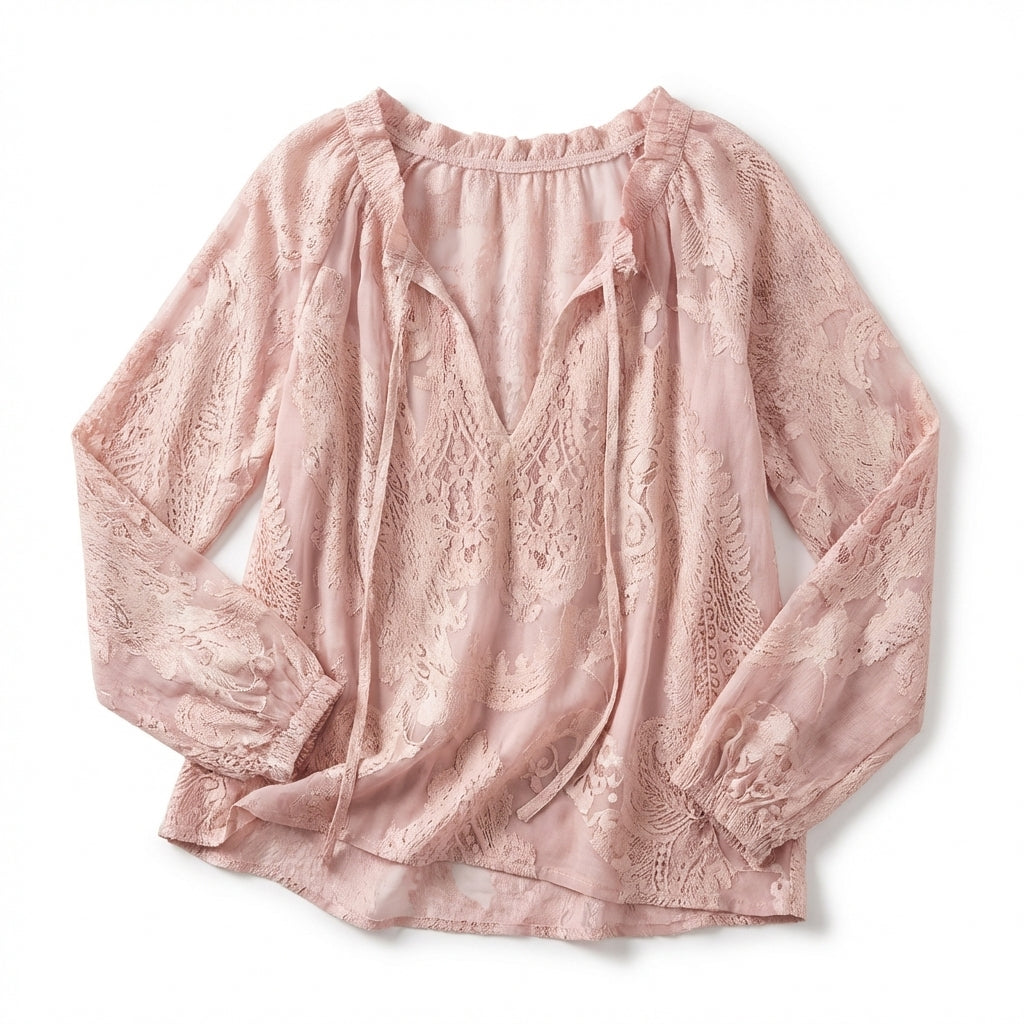 Women’s Lace Blouse – Long Sleeve Drawstring Neck
