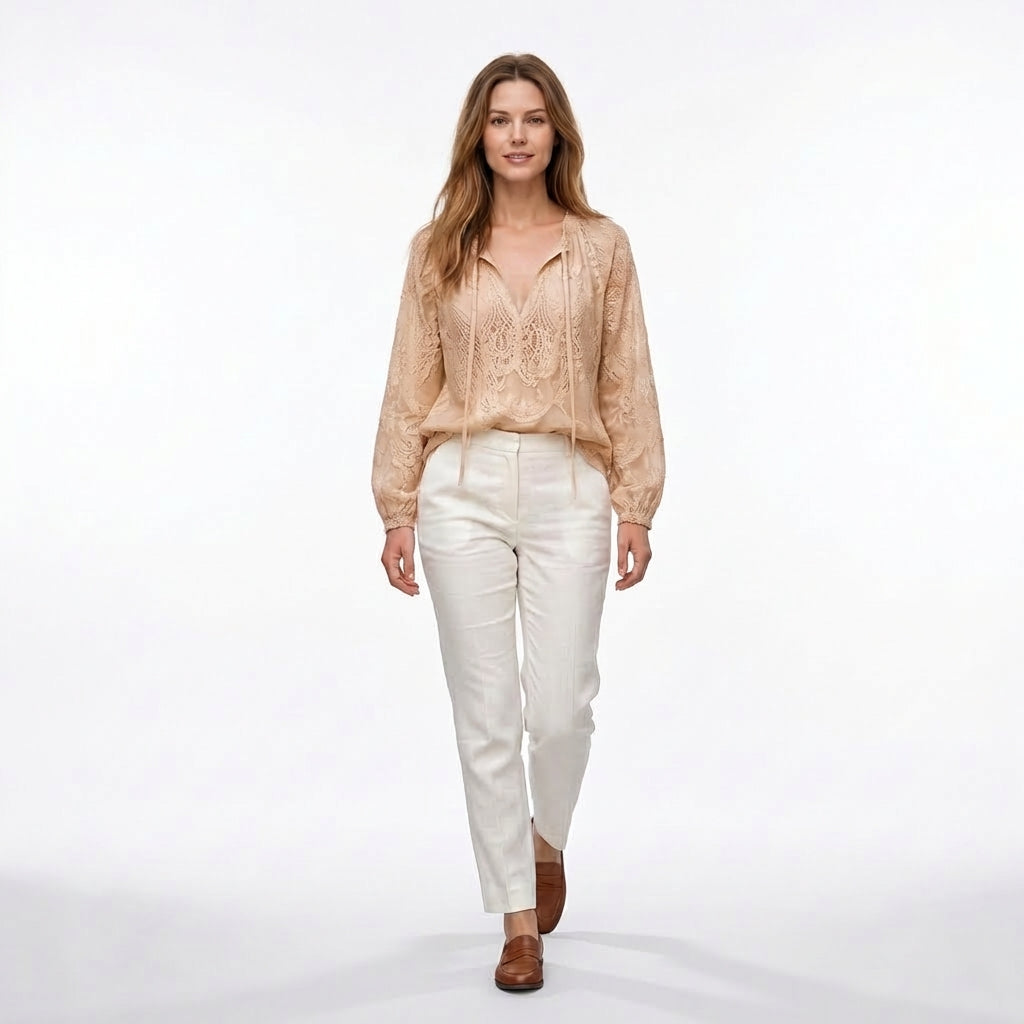 Women’s Lace Blouse – Long Sleeve Drawstring Neck