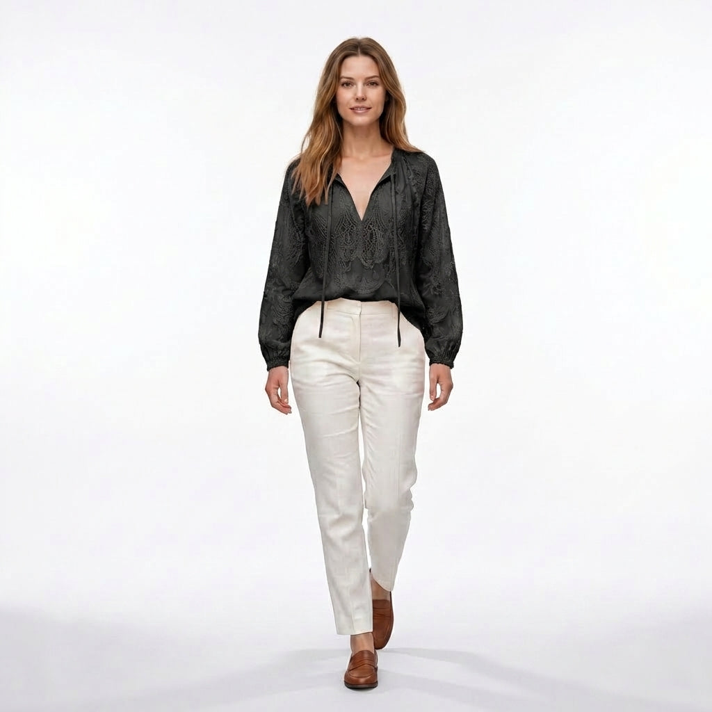 Women’s Lace Blouse – Long Sleeve Drawstring Neck