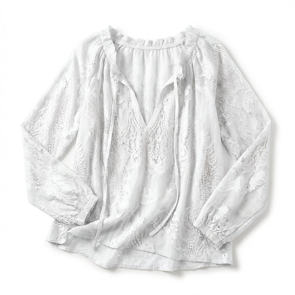 Women’s Lace Blouse – Long Sleeve Drawstring Neck