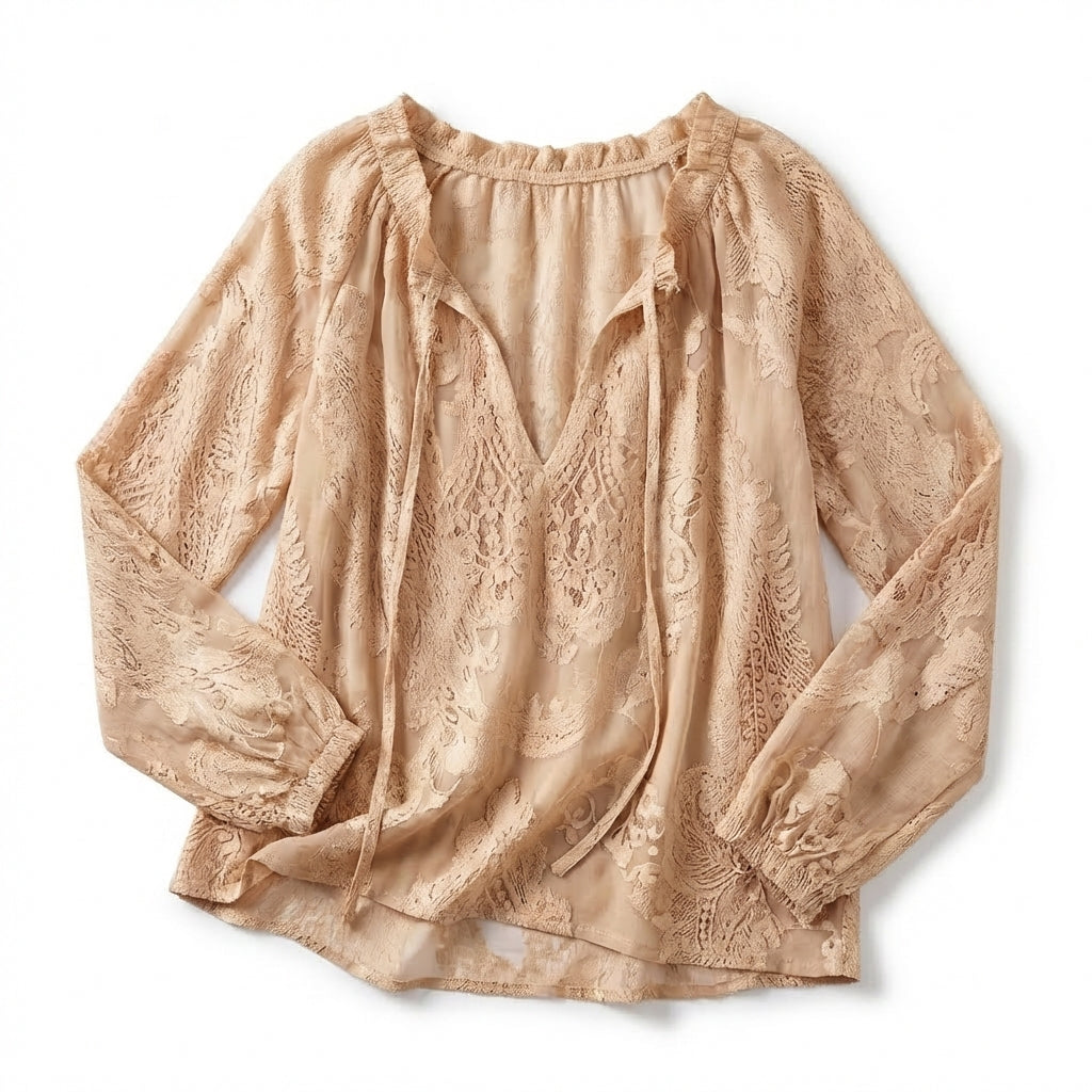 Women’s Lace Blouse – Long Sleeve Drawstring Neck