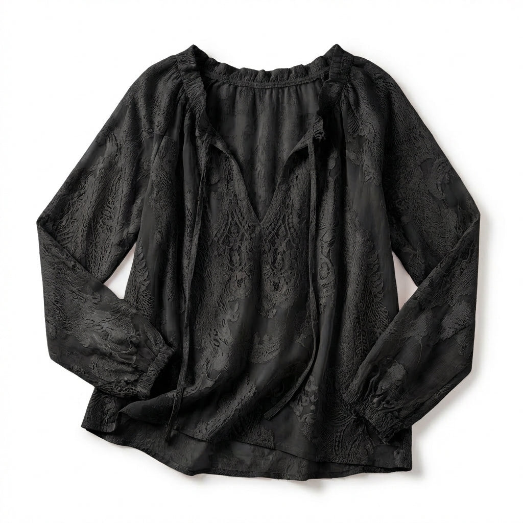 Women’s Lace Blouse – Long Sleeve Drawstring Neck