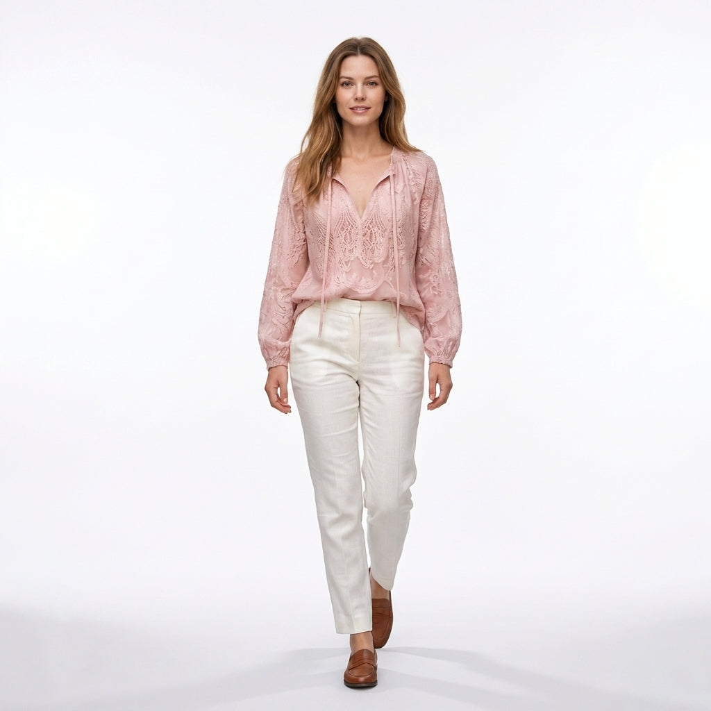 Women’s Lace Blouse – Long Sleeve Drawstring Neck