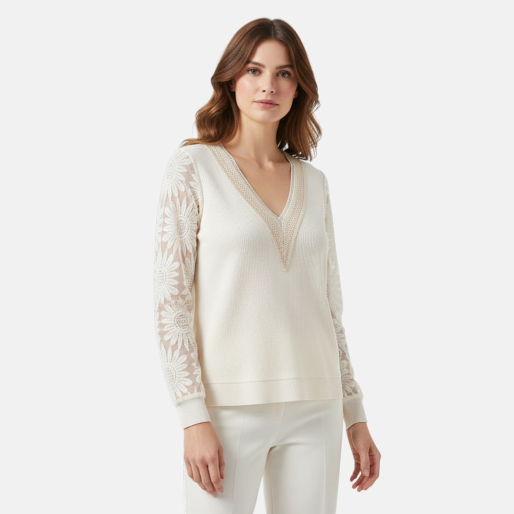 Women’s Lace Inset V-Neck Top – Lantern Sleeve Textured Design