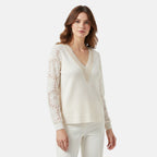Women’s Lace Inset V-Neck Top – Lantern Sleeve Textured Design