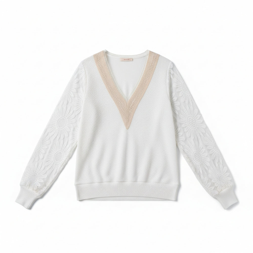 Women’s Lace Inset V-Neck Top – Lantern Sleeve Textured Design