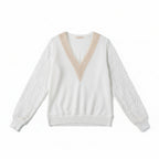 Women’s Lace Inset V-Neck Top – Lantern Sleeve Textured Design