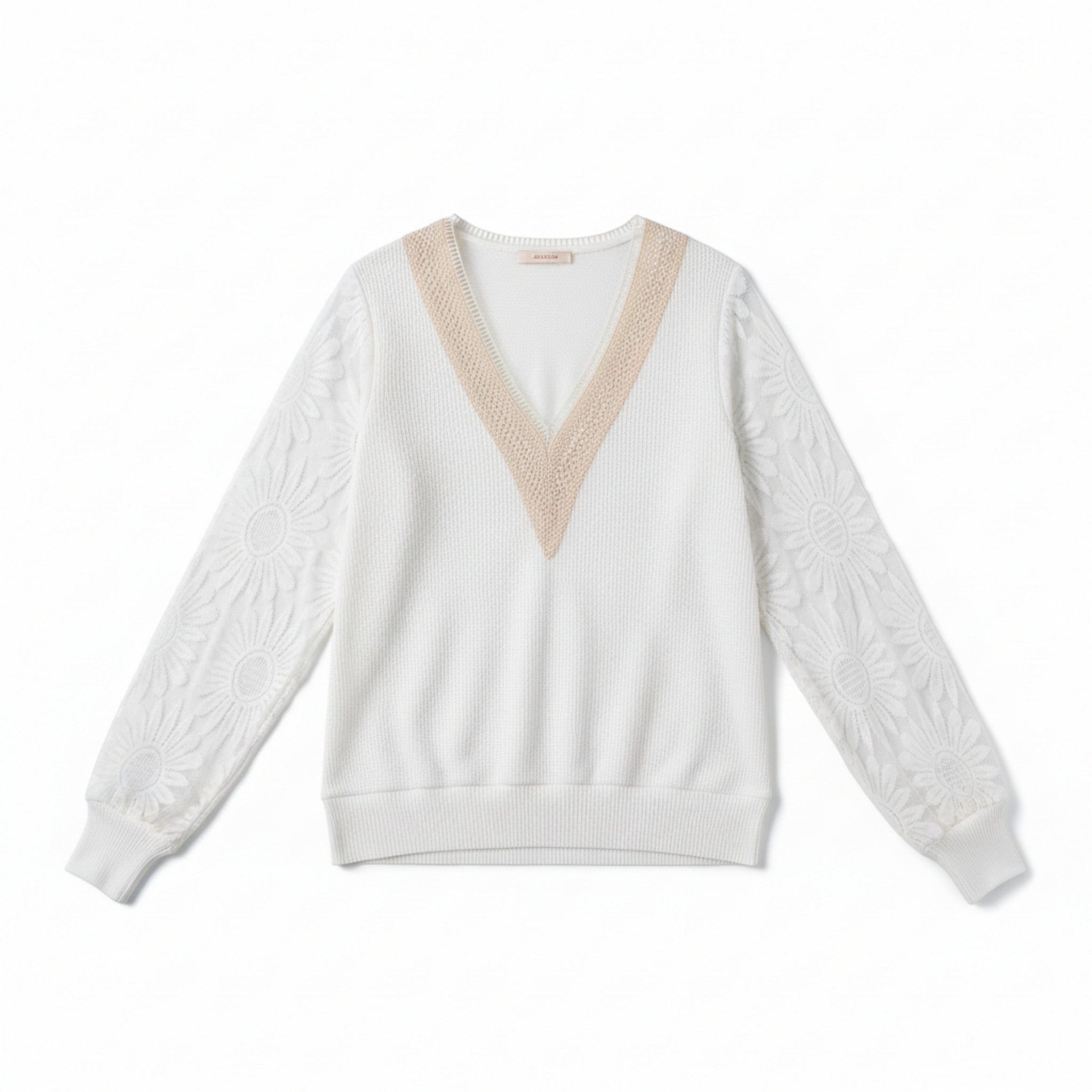 Women’s Lace Inset V-Neck Top – Lantern Sleeve Textured Design