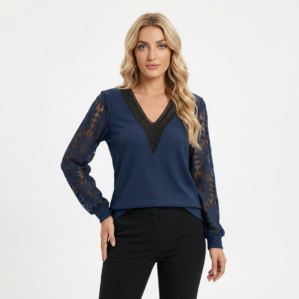 Women’s Lace Inset V-Neck Top – Lantern Sleeve Textured Design
